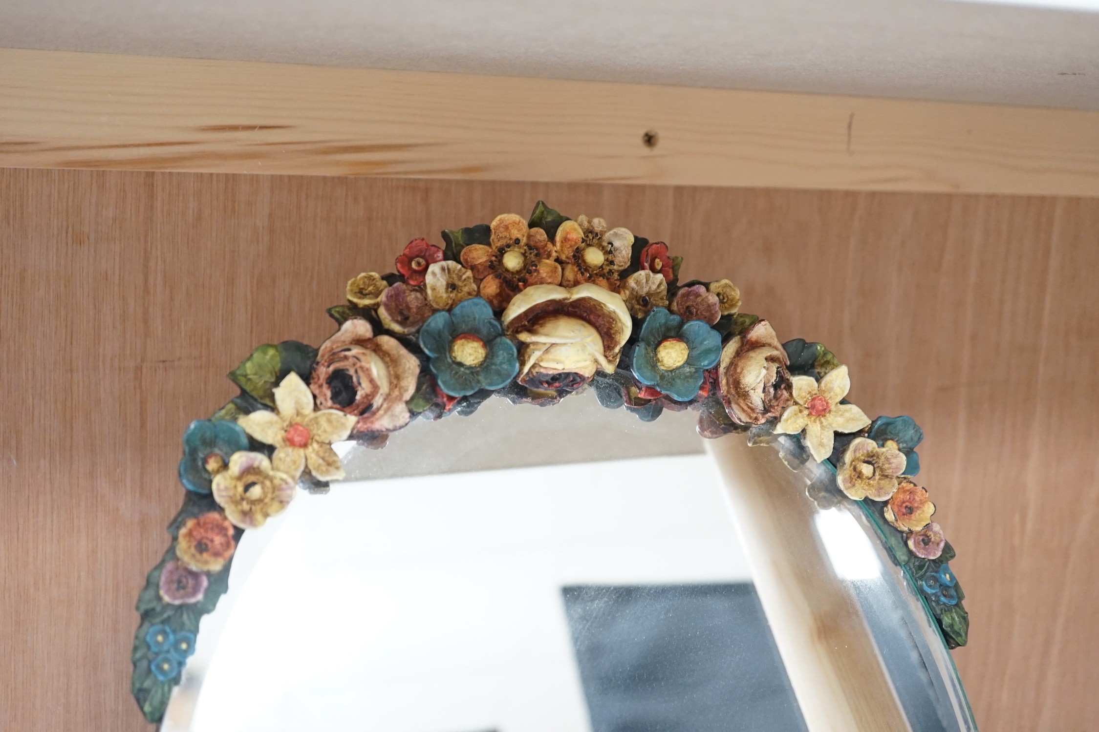 Two French pressed glass ceiling shades and a pair of barbola oval mirrors